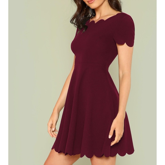 Burgundy Red Scallop Trim Fit & Flare Dress - Picture 4 of 6
